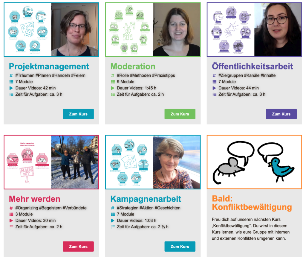 Screenshot der Selbstlernkurse auf organisiert-euch.de